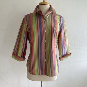 Doncaster Colorful Striped 100% Silk 3/4 Sleeve Collared Button Up Blouse 12 GUC